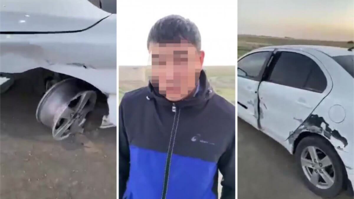 Пьяный полицейский с разбитым автомобилем попал на видео в Атырауской области