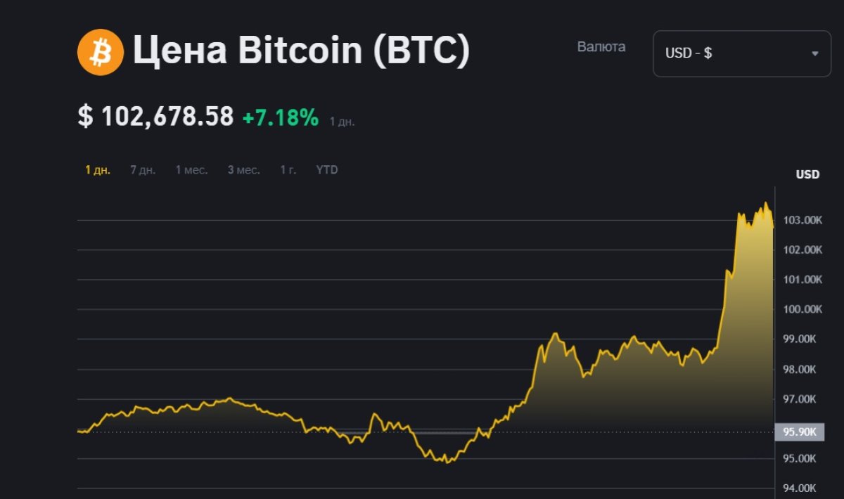 Новый рекорд: курс биткоина превысил 100 тысяч долларов